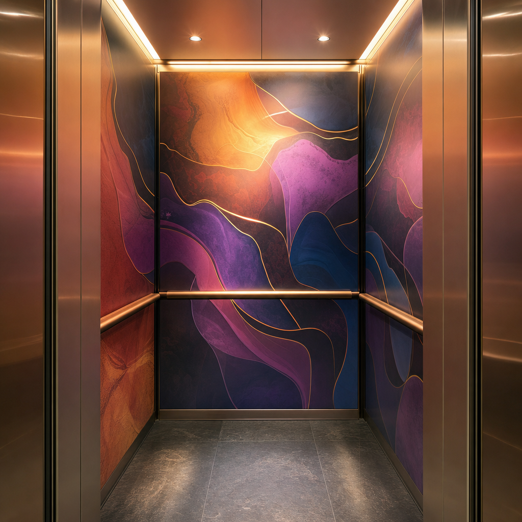 Elevator cab interior with colourful abstract graphic panels on its walls
