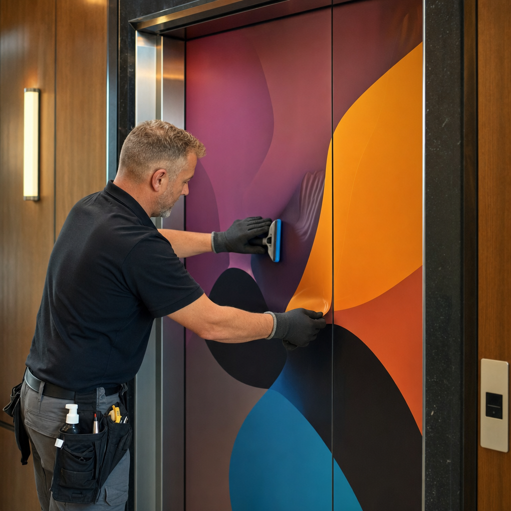 Installer smoothing a colourful graphic film onto an elevator door panel